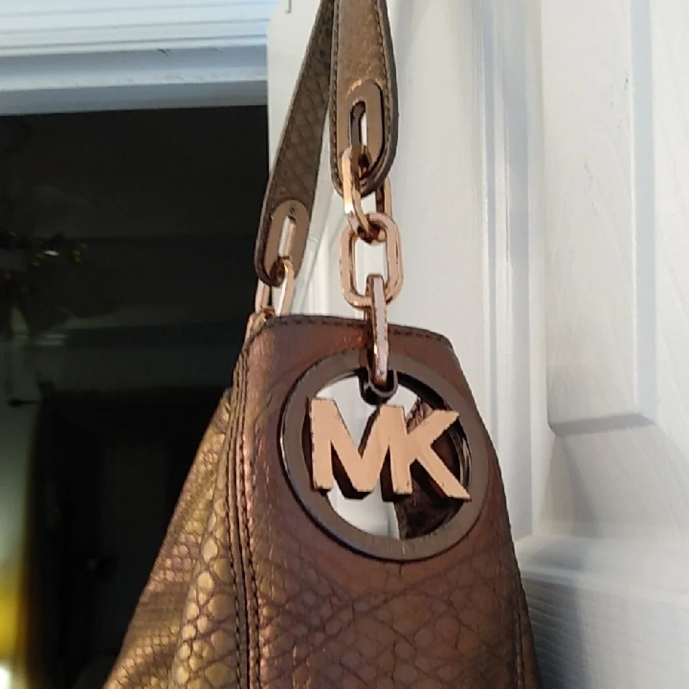 Michael Kors Copper Gold Snakeskin Effect Leather Purse Fulton Gold Logo Bag